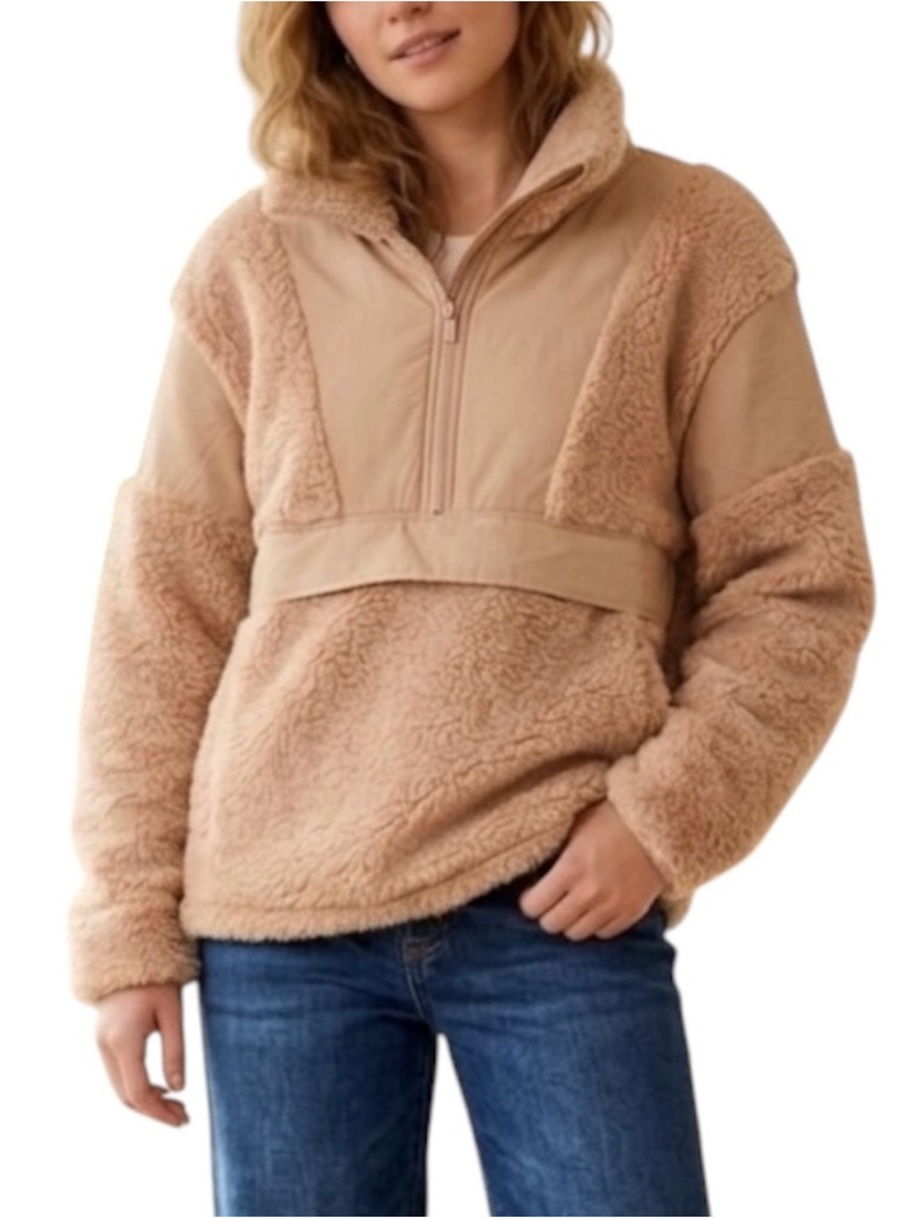 Victoria’s Secret PINK Oversized Teddy 1/4 Zip Sweatshirt Tan M Cozy Brown M